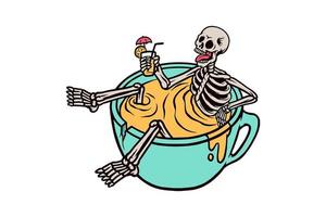 doodle de esqueleto relaxante na bebida vetor
