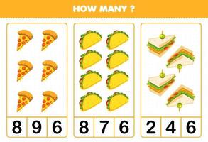 jogo de educação para crianças contando quantos sanduíche de taco de pizza de comida de desenho animado vetor