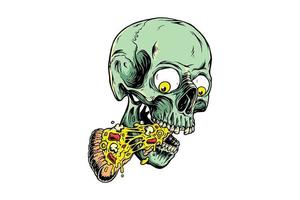 crânio comendo pizza slize desenho vetor