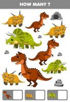 jogo de educação para crianças pesquisando e contando atividade para pré-escola quantos dinossauros pré-históricos dos desenhos animados carnotaurus triceratops xenoceratops vetor