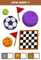 jogo de educação para crianças procurando e contando quantos objetos como forma geométrica círculo quadrado triângulo cartoon cesta boliche tênis bola de futebol tabuleiro de xadrez bandeira vetor
