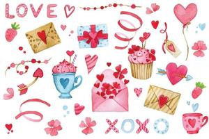 desenho em aquarela. lindo conjunto de elementos do dia dos namorados. corações cor de rosa, doces, cartas e decorações para o dia dos namorados. vetor