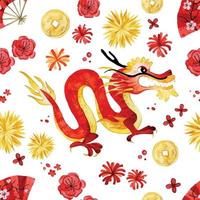 padrão de aquarela sem costura. ano Novo Chinês. ouro vermelho dragão e fogos de artifício vermelhos, flores em um fundo branco. vetor