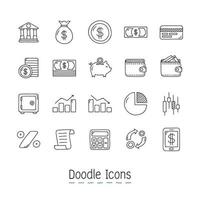 Doodle conjunto de ícones financeiros vetor