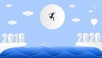 homem pulando o mar para 2020 em estilo de corte de papel vetor