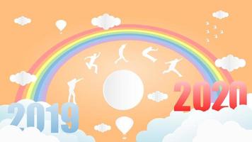 silhuetas pulando de 2019 a 2020 sob o arco-íris vetor