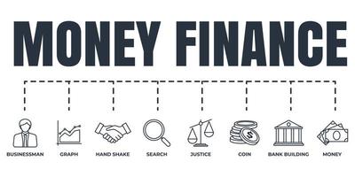 conjunto de ícones da web de banner de finanças. dinheiro, pesquisa, gráfico, empresário, construção de banco, justiça, moeda, conceito de ilustração vetorial de aperto de mão. vetor