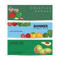 conjunto de três banners horizontais de vegetais e frutas ilustração vetorial vetor