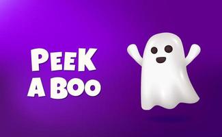 espreite uma vaia com um personagem emoji fantasma fofo 3d para o conceito de festa de halloween com fundo roxo vetor