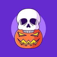 abóbora de halloween fofa e ilustração de ícone de desenho animado de caveira assustadora vetor