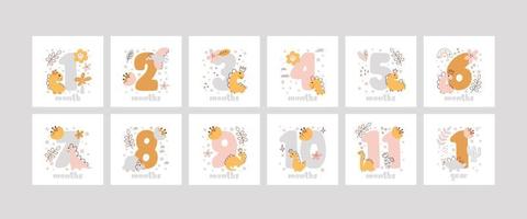 conjunto de cartões de marco de bebê para menina recém-nascida. impressão de chá de bebê com dinossauro fofo e flores capturando todos os momentos especiais vetor