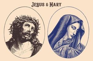 gravura de vetor vintage de jesus e maria