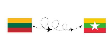 voo e viagem da Lituânia para Mianmar pelo conceito de viagens de avião de passageiros vetor
