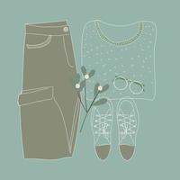 conjunto de roupas quentes de inverno e outono, suéter, jeans, ramo de visco. ilustração de moda vetor