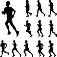 conjunto de vetores de silhuetas de corrida, homem de cor preta e mulheres correm sobre fundo branco