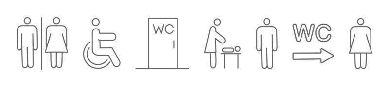 um conjunto de ícones de navegação do banheiro. wayfinding wc feminino masculino para deficientes e quarto mãe e filho. ilustração vetorial vetor