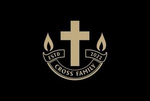 vintage jesus christian cross com etiqueta de emblema de distintivo de fita para vetor de design de logotipo de capela de igreja