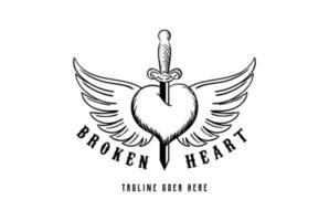 estilete de punhal de coração de amor retrô vintage com asas de anjo para vetor de design de logotipo de tatuagem