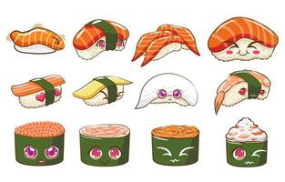 conjunto de sushi de estilo kawaii vetor