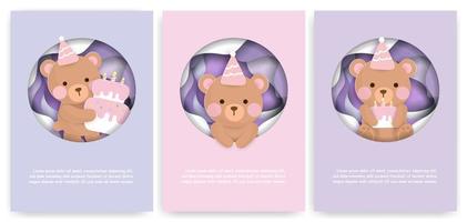 cartão de corte de papel definido com ursos de aniversário fofo