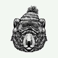 urso de estilo de gravura usando chapéu e máscara de esqui vetor