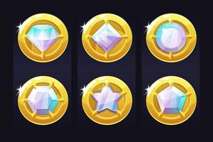 definir moedas de ouro com pedras preciosas para jogos de interface do usuário. coleção de ilustração vetorial moedas redondas com formas diferentes de diamantes para design gráfico. vetor