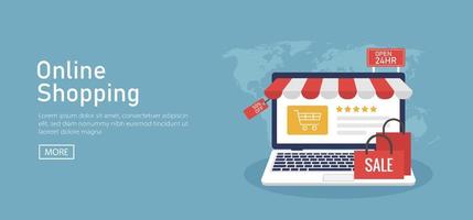 conceito de negócio on-line com compra de laptop e tela. compras online no site para símbolo de marketing digital vetor