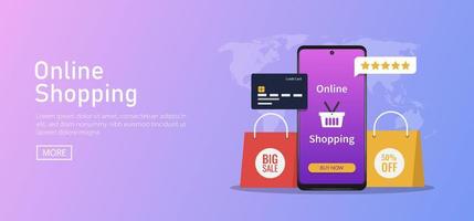 conceito de loja online com compra de smartphone e tela. compras online no site para símbolo de marketing digital vetor