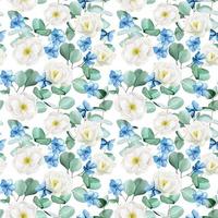 padrão de aquarela sem costura. flores brancas de rosa selvagem, peônia com flores de hortênsia azul e folhas de eucalipto em um fundo branco. delicado padrão vintage com flores e folhas de eucalipto vetor