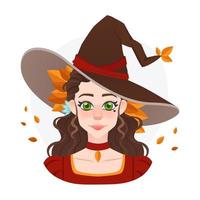 avatar de bruxa bonita de outono para jogo ou publicidade. garota mágica de halloween com chapéu grande e folhas amarelas. vestido antigo vetor