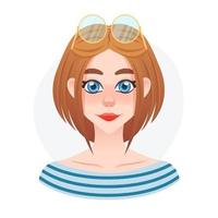 avatar de menina bonita marinheiro dos desenhos animados. boneca beaulifull com óculos de sol na cabeça superior. cabelo curto estilo dama vetor