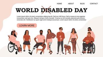 página de destino do dia mundial com deficiência ou conceito de banner da web. pessoas com deficiência, diversidade e inclusão. ilustração vetorial plana em estilo cartoon.