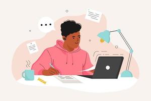 cara afro-americano está estudando em casa com um laptop. conceito de aprendizado on-line em casa. pode ser usado para a página de destino do site educacional, personagens de alunos. ilustração vetorial plana. vetor