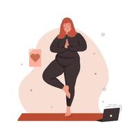 personagem de mulher plus size fazendo ioga em se sentir confiante. corpo positivo e conceito de aceitação. ilustração vetorial plana. vetor