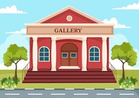 galeria de arte museu construção ilustração de desenhos animados com exposição, cultura, escultura e pintura para algumas pessoas verem em design de estilo plano vetor