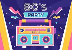 Ilustração de fundo de desenhos animados de festa dos anos 80 com música retrô, toca-fitas de rádio de 1980 e discoteca em design de estilo antigo