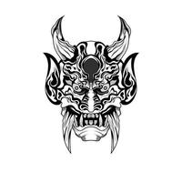 arte de tatuagens em preto e branco desenhadas à mão diabo satanás máscara oni chifre de demônio ilustração vetorial vetor