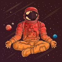 astronauta vintage desenhado à mão em traje espacial fazendo gesto de ioga, ioga de meditação de astronauta no espaço vetor