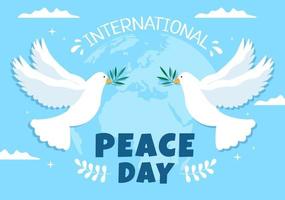 ilustração dos desenhos animados do dia internacional da paz com mãos, pombo, globo e céu azul para criar próspero no mundo em design de estilo simples vetor
