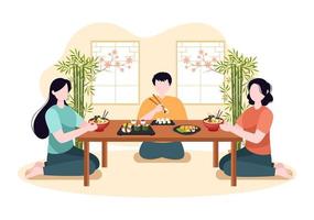 pessoas comendo comida japonesa no restaurante com vários pratos deliciosos, como sushi em um prato, rolo de sashimi e outros em ilustração de desenhos animados de estilo simples vetor