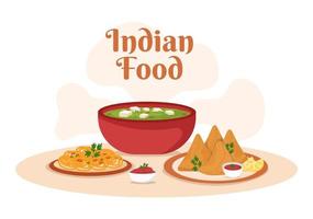 ilustração de desenhos animados de comida indiana com várias coleções de deliciosos pratos de cozinha tradicional em design de estilo simples vetor