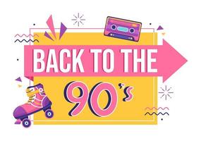 Ilustração de fundo de desenhos animados de festa retrô dos anos 90 com música dos anos noventa, tênis, rádio, tempo de dança e fita cassete em design moderno de estilo plano vetor