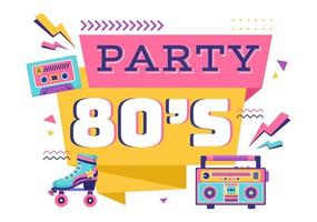 Ilustração de fundo de desenhos animados de festa dos anos 80 com música retrô, toca-fitas de rádio de 1980 e discoteca em design de estilo antigo