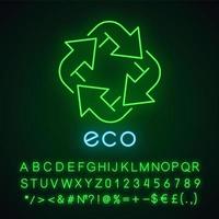 ícone de luz neon de rótulo ecológico. quatro sinais de seta em ângulo. símbolo de reciclagem. energia alternativa. adesivo de proteção ambiental. sinal brilhante com alfabeto, números e símbolos. ilustração vetorial isolada vetor