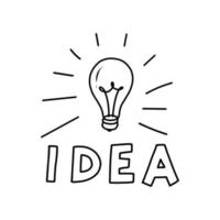 a ideia é uma ilustração desenhada à mão de uma lâmpada e letras. ilustração de negócios em estilo doodle. vetor