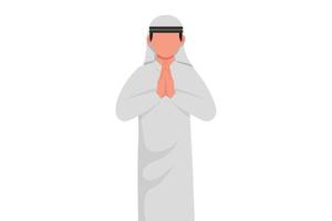 estilo de desenho animado plano de negócios desenho empresário árabe em olhos fechados, rezando as mãos juntas. pessoa segurando palmas em oração. emoção humana, gesto de linguagem corporal. ilustração em vetor design gráfico