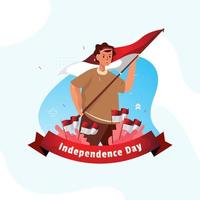 design plano uma juventude indonésia levanta a bandeira vetor