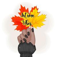 vibrações de outono, mão feminina segurando folhas de bordo de outono ilustração vetorial de moda, impressão vetor
