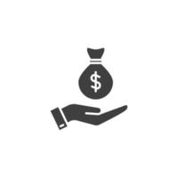 sinal de vetor do pictograma de dinheiro na mão símbolo é isolado em um fundo branco. pictograma de dinheiro na cor do ícone de mão editável.