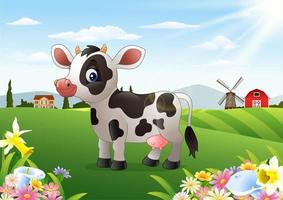 vaca de desenho animado na paisagem rural com flores desabrochando vetor